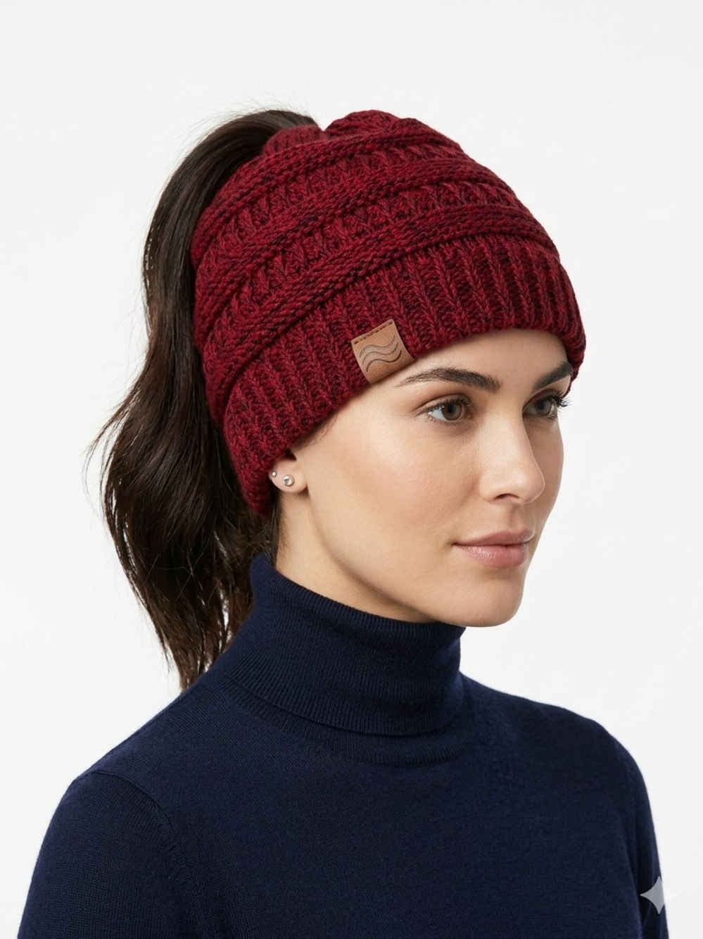 Knit Ponytail Beanie in Two Toned Red/Black